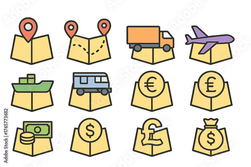 Transportation and Currency Icons Set on Maps