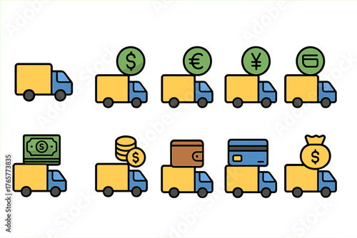 Set of truck icons with currency symbols and payment methods