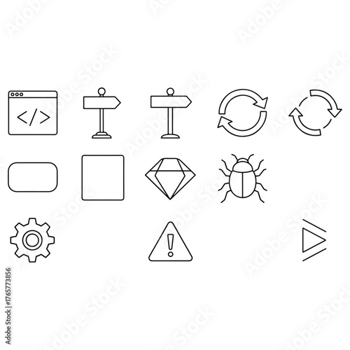 Set of vector line icons for web development, programming, interface design, settings, and navigation.