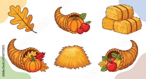 Vibrant Thanksgiving harvest elements including cornucopia, pumpkins, apples, and hay bales perfect for seasonal designs and celebratory projects