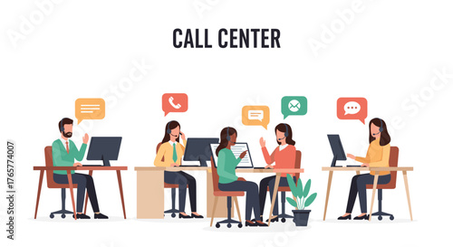 Customer service representatives assisting clients with calls and inquiries in a modern call center environment