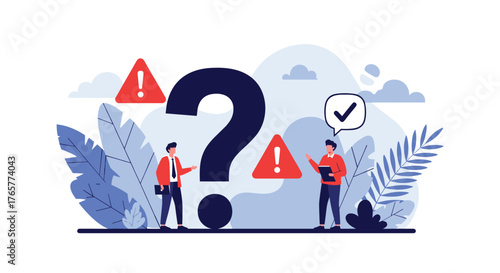 Business professionals discussing solutions to complex problems with question mark and warning symbols, seeking answers and validation for success