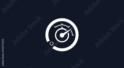 A white speedometer icon on a dark blue background. The gauge needle is pointing right