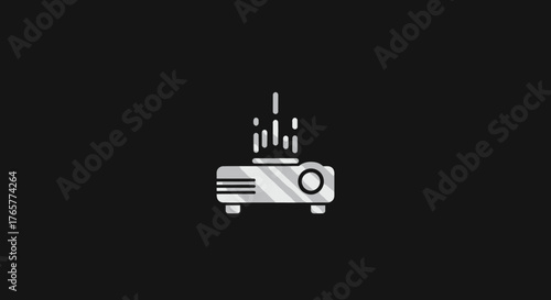 A stylized icon of a projector with upward radiating lines, set against a black background