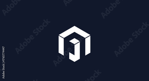 A white geometric symbol, likely a logo, against a dark blue background