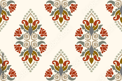 Embroidered Ikat flower pattern on white background. Traditional ethnic ikat, Aztec abstract vector pattern, seamless pattern in tribal, folk embroidery and Mexican style.