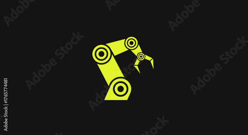 A yellow robotic arm with multiple joints, and a claw at the end, on a black background