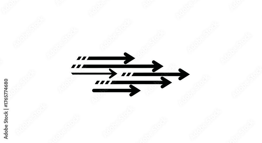 Fototapeta premium Black arrows point right, parallel on white background, with dashed lines at the start