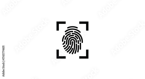 Black fingerprint within a frame on white background, symbolizing security