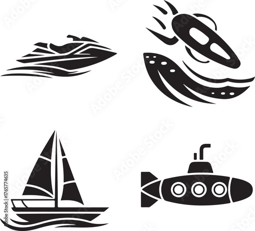 Four black silhouette icons of ocean vehicles on white background jet ski speedboat