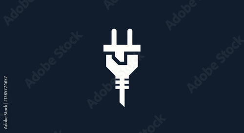 A minimalist white electric plug graphic on a dark blue background. Bold design, centered