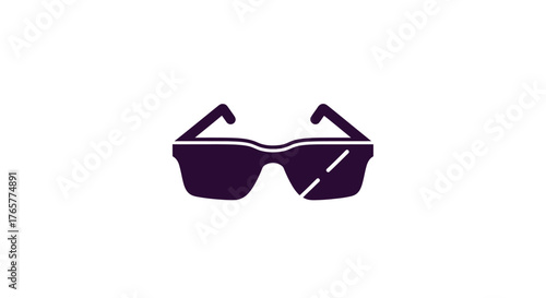 A stylized, purple graphic of sunglasses, featuring a dark silhouette on a white background