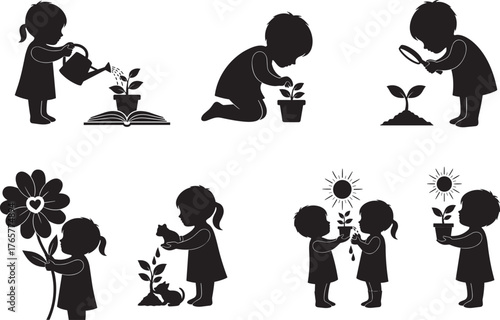 Children gardening silhouette set, nurturing plants, environmental care, nature learning, watering flowers, educational activity, black vector art, spring garden interaction