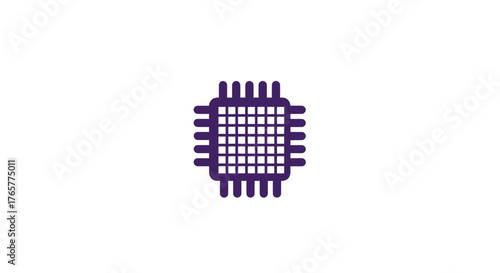 A purple, square processor graphic centered on a white background. The chip has grid and pins