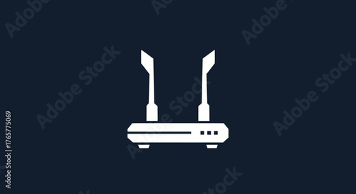 A white router icon with two antennas on a dark blue background, using geometric shapes