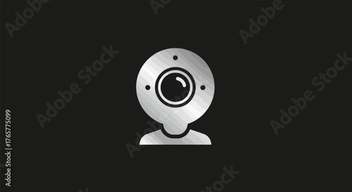 A digital webcam icon in silver with a textured effect against a dark background