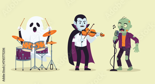 Spooky Halloween band of ghost drummer, vampire violinist, and zombie singer performing a chilling musical act