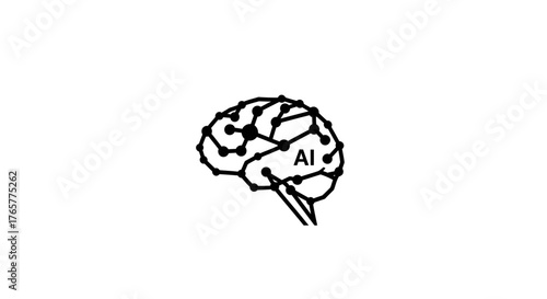 A black and white illustration of a brain, formed by lines and dots, with "AI" inside