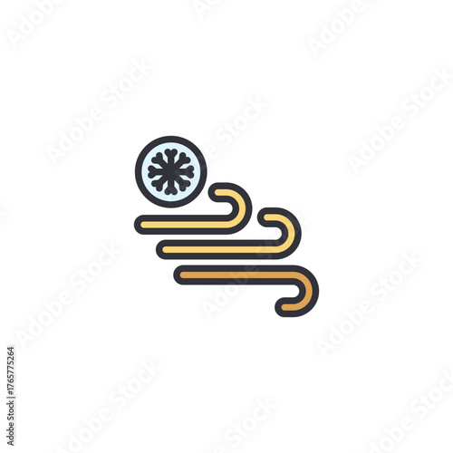 Wind swirl symbol with a snowflake showing cold strong winds or wintry gusts, perfect for weather alerts, forecast graphics, and climate hazard illustrations.