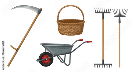 Gardening tools set: scythe, basket, wheelbarrow, and rakes for cultivating a beautiful garden with ease