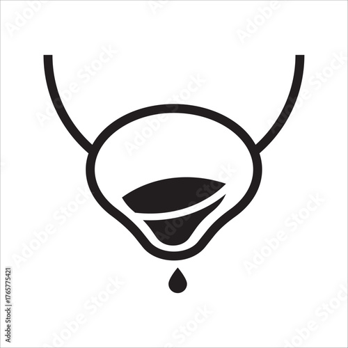 A simple black and white icon with contour lines, depicting a partially filled bladder, accompanied by dripping fluid, representing human anatomy, urology, bladder infections, and urinary incontinence