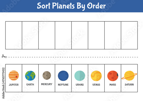Educational worksheet for kids practice solar system knowledge by sorting the eight planets in order from the sun