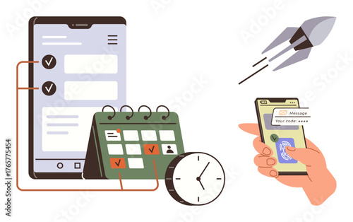 Calendar and clock beside smartphone with checklist, hand holding phone receiving message, and rocket launch. Ideal for productivity, time management, digital planning, business growth, deadlines