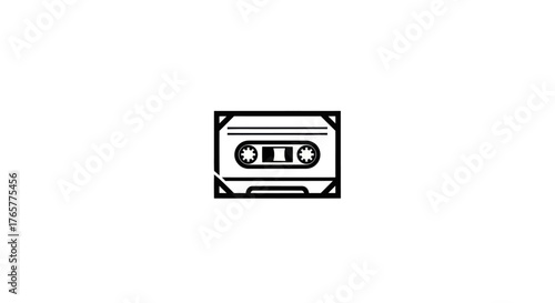 A black and white graphic of an audio cassette tape, central on a white field