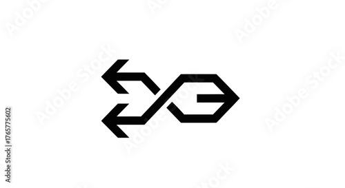 A minimalist black geometric design against a white background, featuring arrows and interlocking shapes