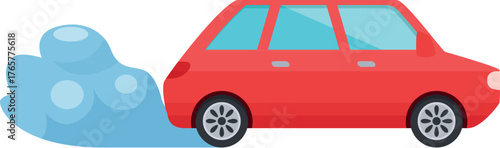 Red car emitting exhaust fumes, symbolizing air pollution from vehicles and environmental damage