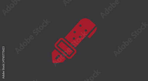 Angled illustration of a red belt with a buckle and multiple holes, set on a grey background