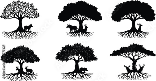 Tree silhouette with deer, forest wildlife vector, nature roots illustration, animal under tree, black silhouette art, woodland scene design