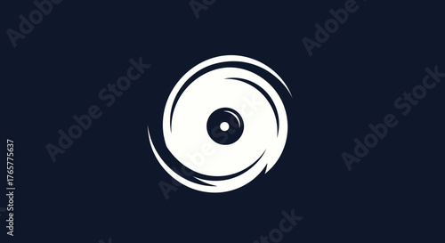 A stylized, white cyclone graphic against a dark blue backdrop, centered