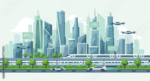Futuristic city with flying cars, high-speed train, and modern buildings depicting smart technology and urban innovation for the future