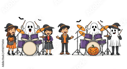 Happy Halloween band performing music with ghosts, witches, and a pumpkin, perfect for spooky holiday celebrations