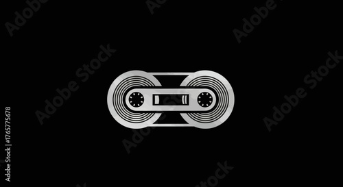 A silver cassette tape graphic on a black background. Detailed, retro-style vector