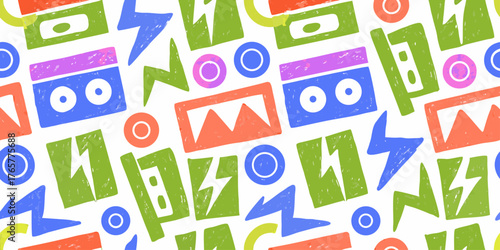 A seamless pattern inspired by 1980s pop art, with abstract shapes, cassette tapes, sunglasses, lightning bolts, and zigzags.