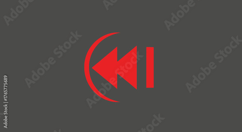 Red rewind symbol with two arrows and a vertical line, surrounded by a partial circle on a gray background