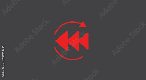 A red rewind symbol, featuring two backward triangles surrounded by a curved arrow, on gray