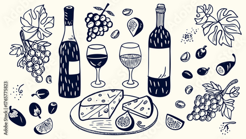 Elegant vintage illustration of wine and cheese in hand-drawn style, with wine bottles, glasses, cheese wheels, grapes, figs, bread, and a cutting board