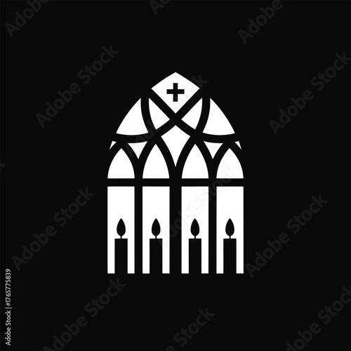 Christmas Church Window Silhouette Vector – Cross and Candlelight Religious Illustration, Holy Night Worship Symbol, Peaceful Christian Faith Design for Winter Holiday and Festive Decoration