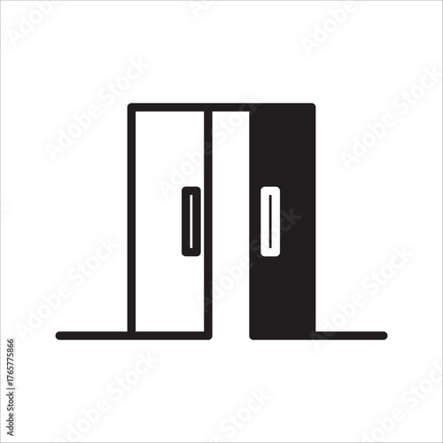 A simple vector icon depicting a pair of sliding doors, one open and one closed, or automatic doors, representing entrances, exits, building access, and openings.