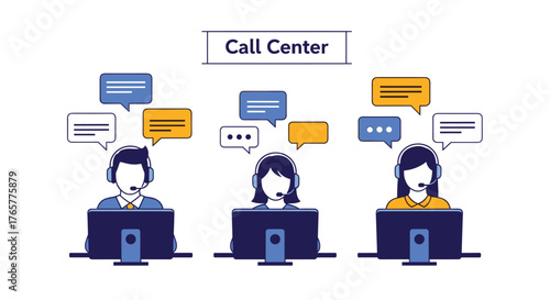 Professional customer service representatives providing support via headsets and computers in a modern call center environment