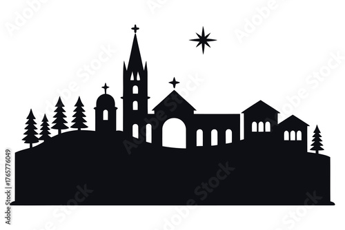 Christmas Nativity Town Silhouette Vector – Holy Night Bethlehem Scene with Church, Star of Bethlehem, and Pine Trees, Elegant Religious Winter Holiday Illustration for Festive Designs