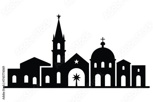 Christmas Bethlehem City Silhouette Vector – Holy Night Church Skyline with Star of Bethlehem, Religious Nativity Scene Illustration, Elegant Holiday Winter Christian Design