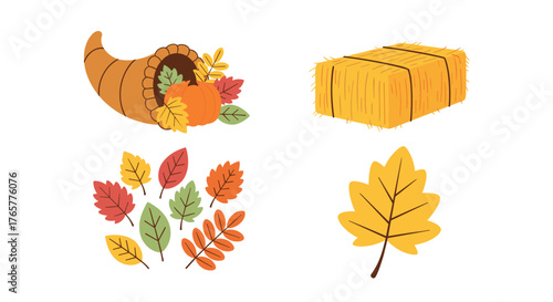 Autumn harvest symbols: cornucopia filled with pumpkin, colorful leaves, and hay bale ready for fall celebrations