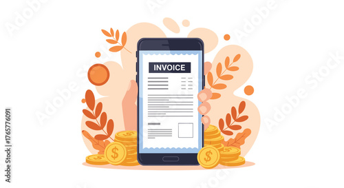 Modern mobile invoice concept with smartphone, coins, and hand for business finance, payment, and billing solutions