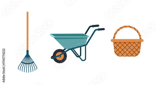 Gardening tools including a rake, wheelbarrow, and basket, perfect for outdoor projects, landscaping, and spring activities