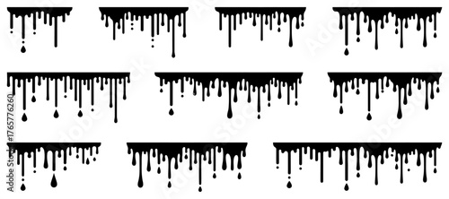 Black dripping oil stain, melt drips , liquid, ink silhouettes isolated vector illustration