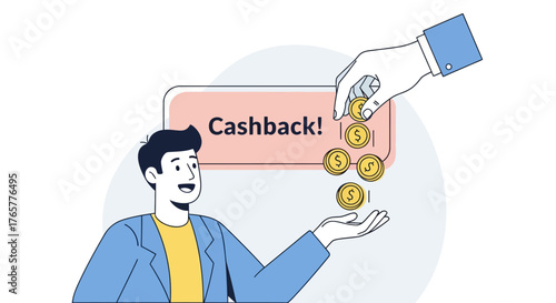 Happy young man receiving gold coins as a cashback reward.